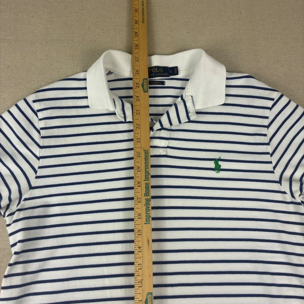 Polo Ralph Lauren Polo Shirt Mens L White Navy Blue‎ Striped Custom Fit Preppy